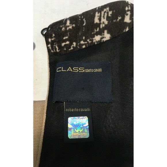 Class Roberto Cavalli Dress Shift Mini Size 10 Tan Black Border Hologram Italy - Picture 6 of 12